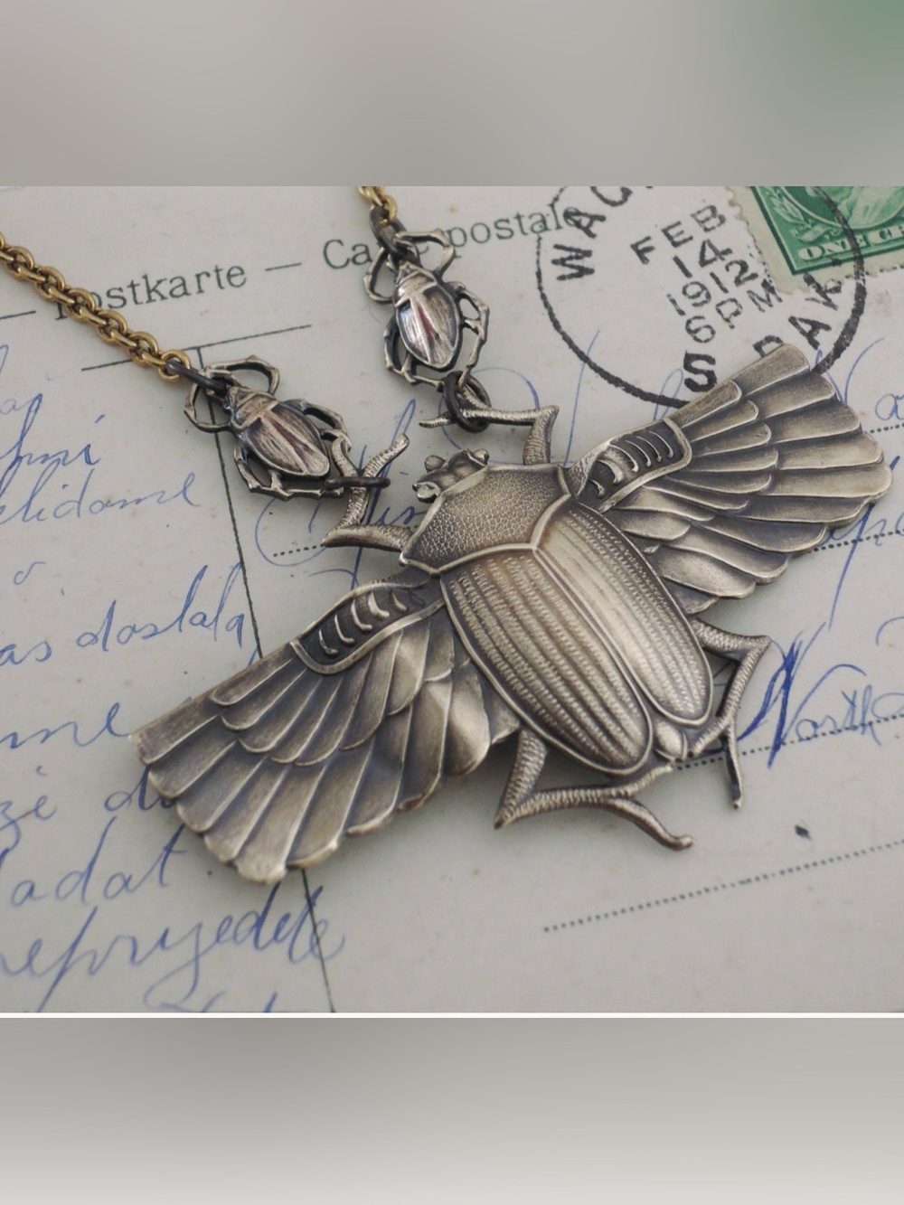 Vintage Art Deco Scarab Necklace Egyptian Revival Statement Jewelry Brass - Picture 3 of 6